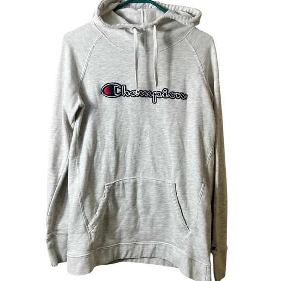 Champion Gray Pullover Funnel Neck Hoodie Iconic Logo Medium Streetwear Retro - Picture 1 of 9